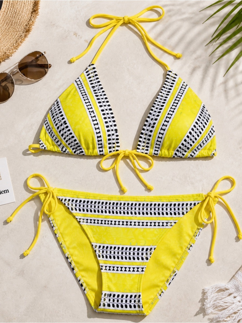 NWT Lemlem Amira Bikini Women's Size XL 2 Pcs Yellow Tie Front String Bottom